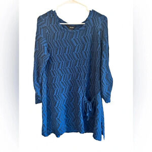 Ali Miles Blue Black Stretchy Tunic Top Pocket Ruched 3/4 Sleeve Size L
